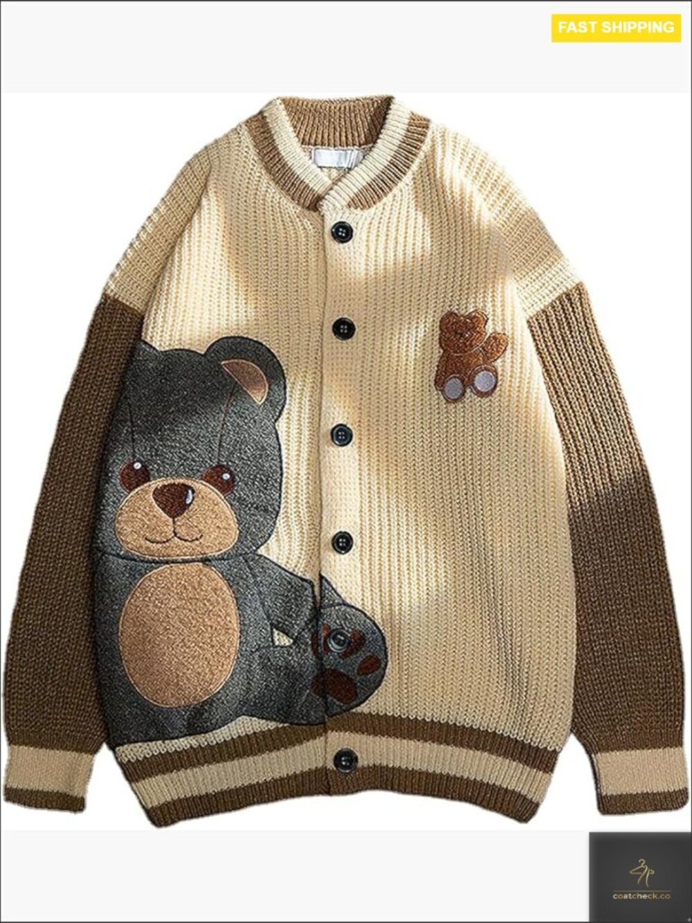 Cute Bear Embroidery Knit Cardigan Casual Loose Button Down Drape Long Sleeve